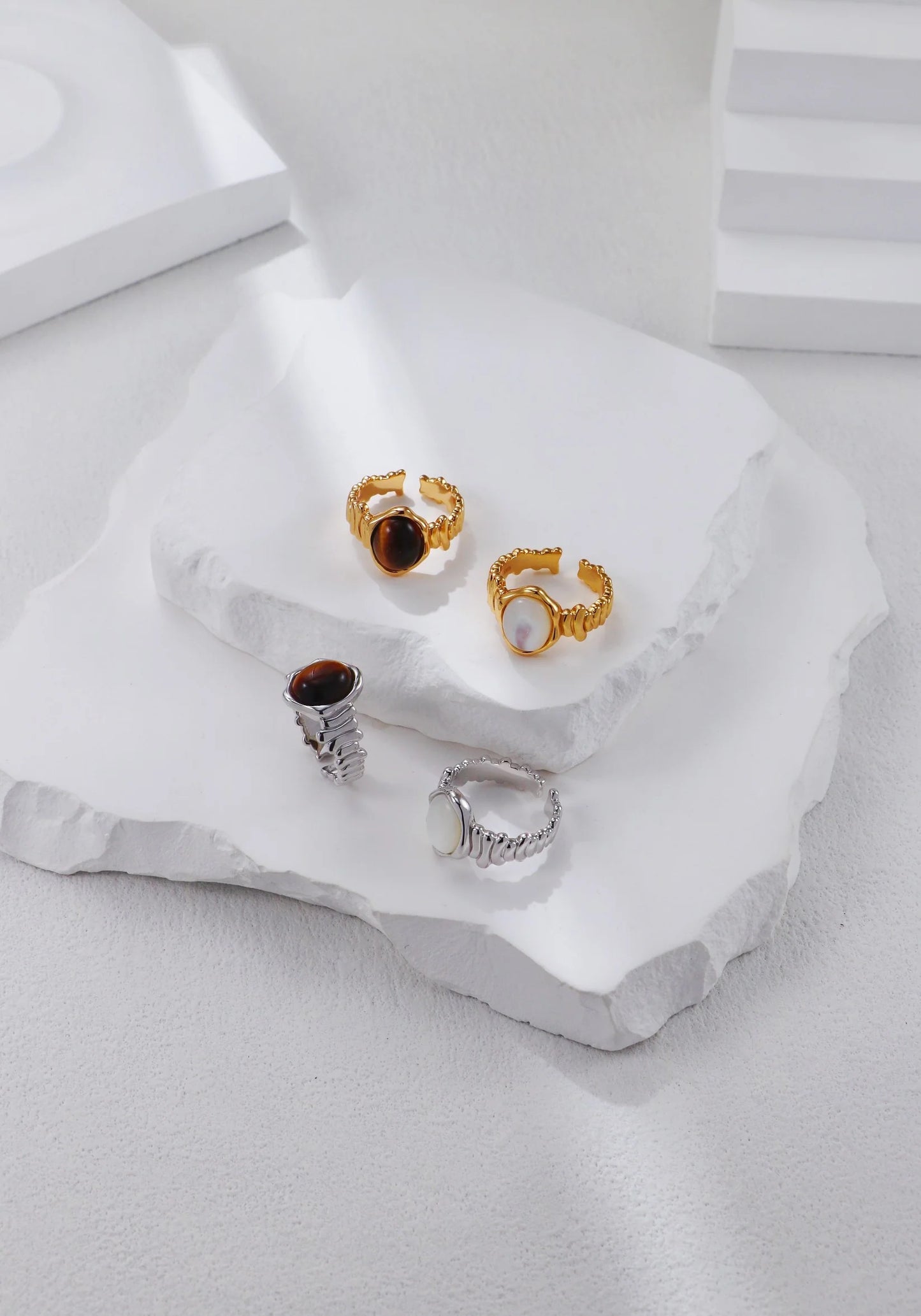 Handmade 18ct Gold Plated Woven Tiger Eye or Mother of Pearl Ring