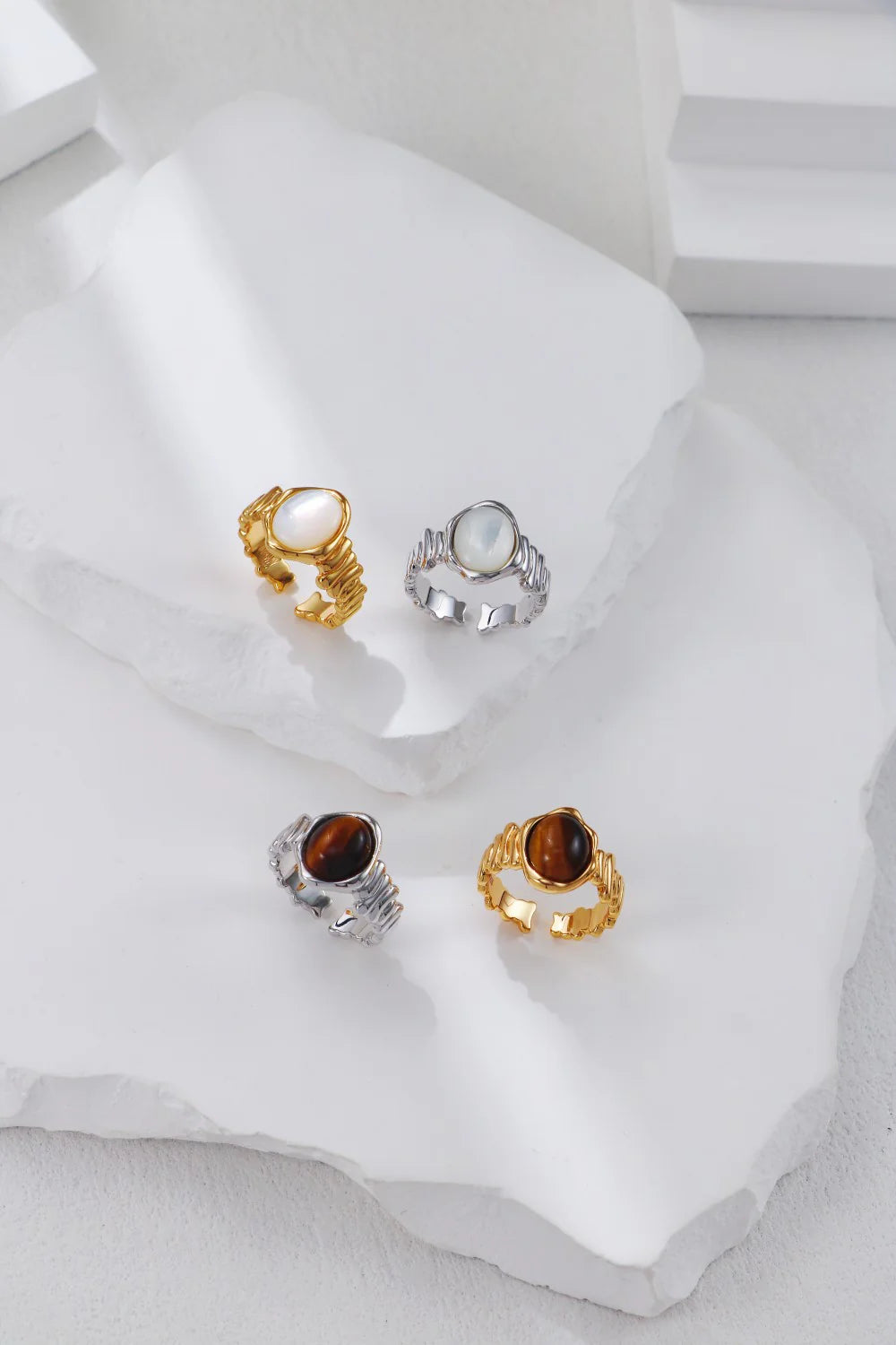 Handmade 18ct Gold Plated Woven Tiger Eye or Mother of Pearl Ring