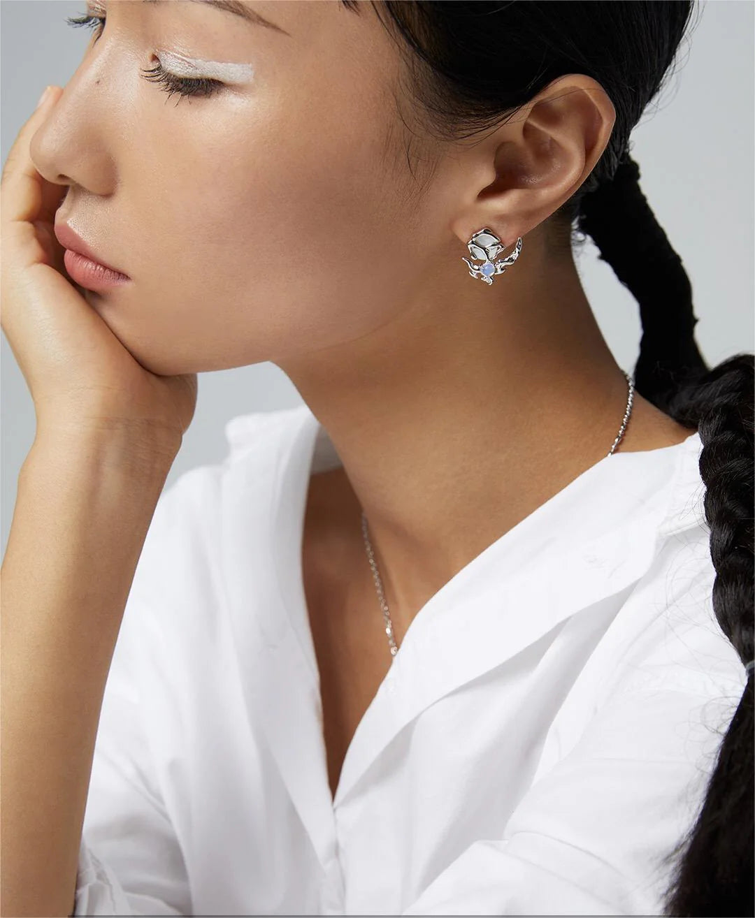 Handmade Crescent Moon Style Asymmetrical Opal Stud Earrings