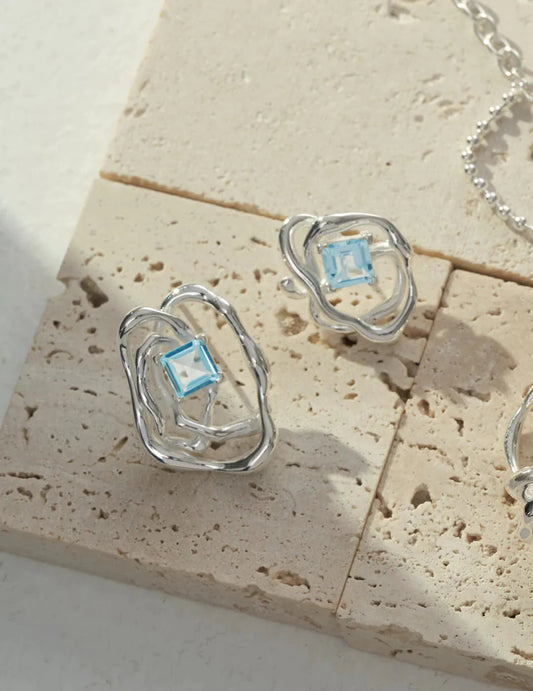 Blue Topaz Unique Statement Earrings in Handmade Sterling Silver