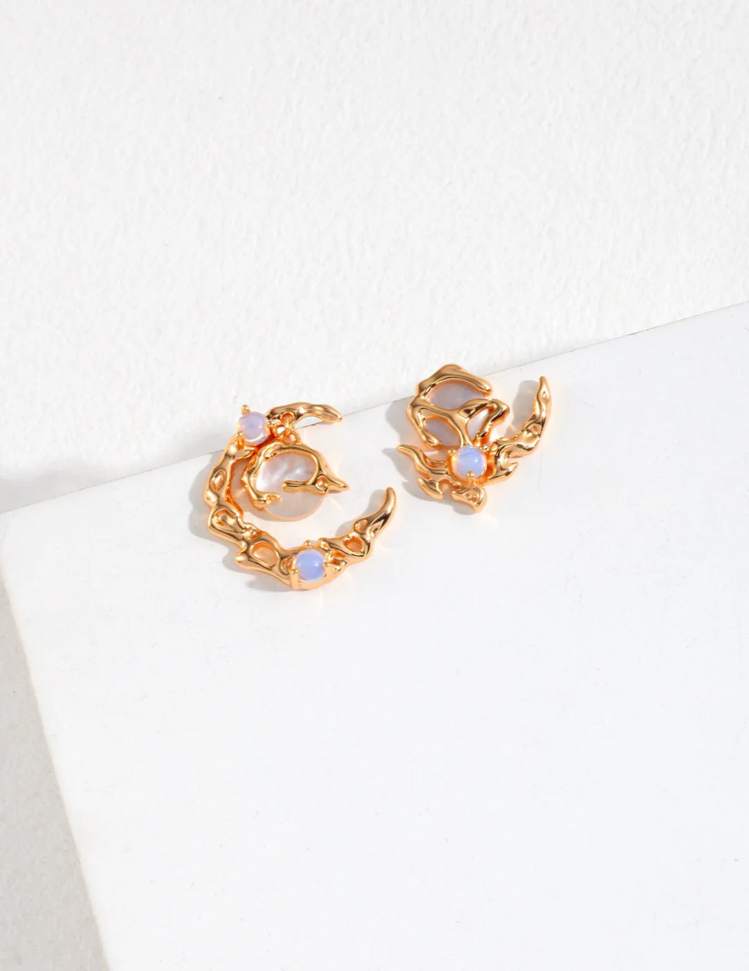 Handmade Crescent Moon Style Asymmetrical Opal Stud Earrings